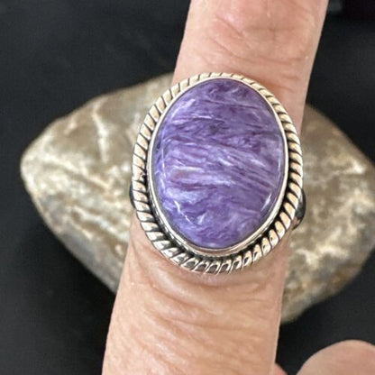 Navajo Purple Charoite Oval Ring | Sterling Silver | Adjustable Sz 9 | Authentic Native American Handmade | 17248