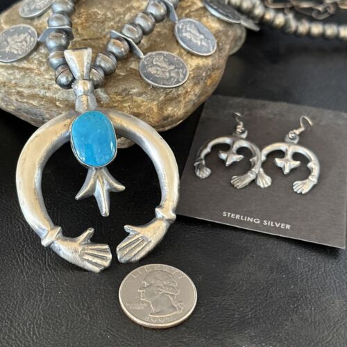 Navajo Kingman Turquoise Naja Pendant Necklace | Sterling Silver | Authentic Native American Handmade | 15158