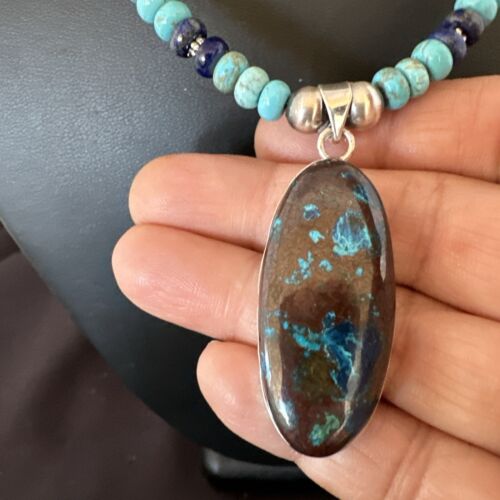 Navajo Blue Turquoise Jasper Lapis Inaly Pendant Necklace | Sterling Silver | 16926