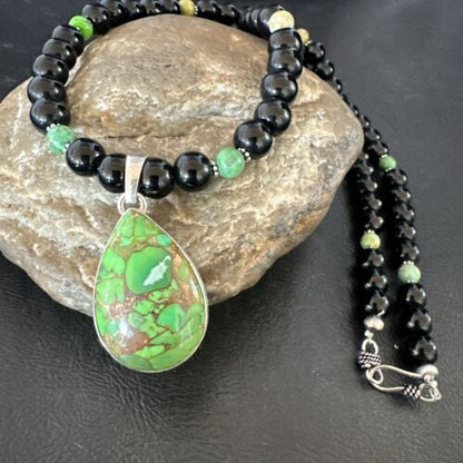 Green Mojave Turquoise & Onyx Pendant | Navajo Pearl Sterling Silver Necklace 21" | 17499