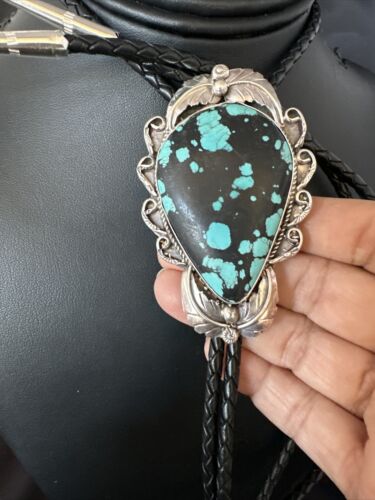 Men's Blue Spiderweb Turquoise Bolo Tie | Navajo Sterling Silver | Authentic Native American Handmade | 15008