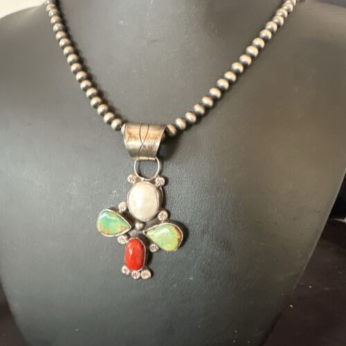Navajo Green White Turquoise | Coral Pendant Necklace | Sterling Silver | Native American Handmade | 16831