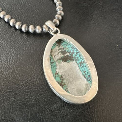 Men's Navajo Blue Spiderweb Turquoise Pendant Necklace | Sterling Silver | Authentic Native American Handmade | 16194