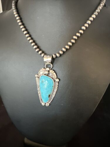 Navajo Kingman Turquoise Pendant Necklace | Sterling Silver | Native American Handmade | 15216 - Masha USA