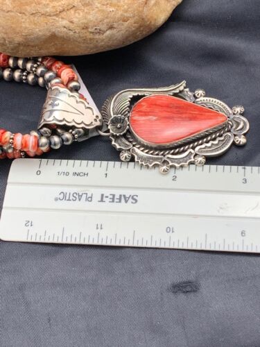 Navajo Spiny Oyster Feather Pendant | 3-Strand Sterling Silver Necklace with Pearls | Native American Handmade | 04130