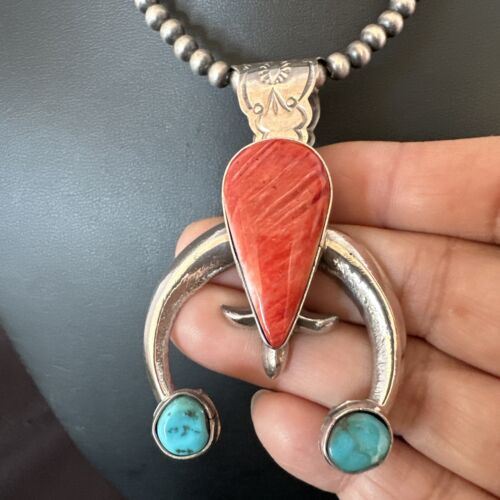 Navajo Blue Turquoise Red Spiny Oyster Naja Pendant | Sterling Silver | Authentic Native American Handmade | 16409