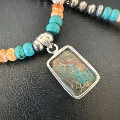 Navajo Spiny Turquoise Pendant Necklace | Sterling Silver | 22" | Authentic Native American Handmade | 17430