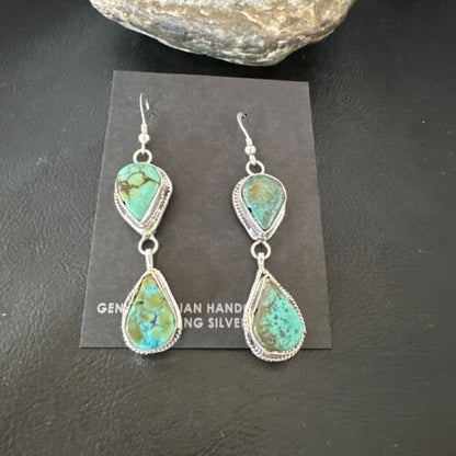 Navajo Green Royston Turquoise Dangle Earrings | Sterling Silver | Authentic Native American Handmade | 16495