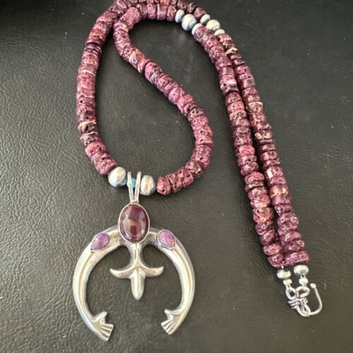 Navajo Purple Spiny Oyster Naja Pendant Necklace | Sterling Silver | 24" | Authentic Native American Handmade | 15537