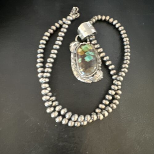 Navajo Blue Spiderweb Turquoise Pendant | Sterling Silver Necklace | 18" Pearls | 15093