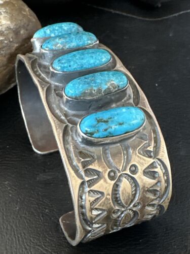 XL Men's Kingman Turquoise 5 Stone Cuff Bracelet | Navajo Sterling Silver | Authentic Native American Handmade | 15858