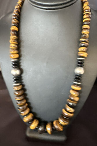 Navajo Coffee Tiger's Eye & Black Onyx Necklace | Sterling Silver Navajo Pearls | 22" | Authentic Native American | 15228