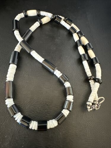 Men's Navajo Black Onyx White Shell Necklace | Sterling Silver | 26" | Authentic Native American Handmade | 17583