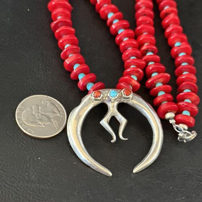 Navajo Blue Turquoise Naja Red Coral Sterling Silver Pendant Necklace 24" | Native American | 14434 - Masha USA
