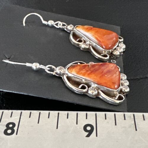 Navajo Orange Spiny Oyster Dangle Earrings | Sterling Silver | Authentic Native American Handmade | 17269