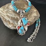 Navajo Blue Turquoise Coral Pendant Necklace | Sterling Silver | Multi-Stone | Authentic Native American Handmade | 15257
