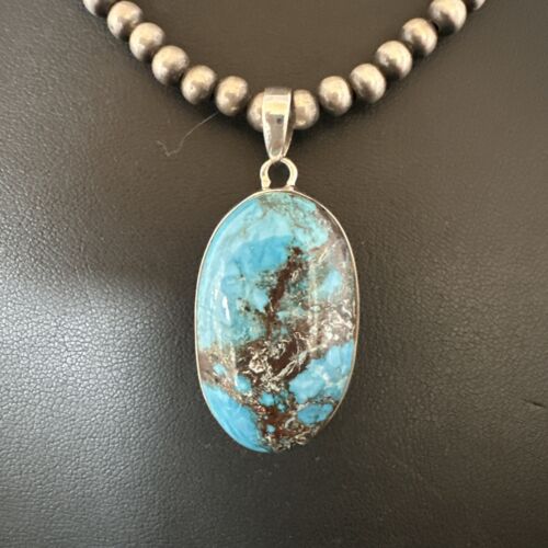 Navajo Blue Spiderweb Turquoise Pendant Necklace | Sterling Silver | Authentic Native American Handmade | 17017