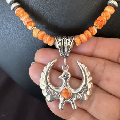 Navajo Thunderbird Orange Spiny Oyster Pendant Necklace | Sterling Silver | Authentic Native American Handmade | 16852