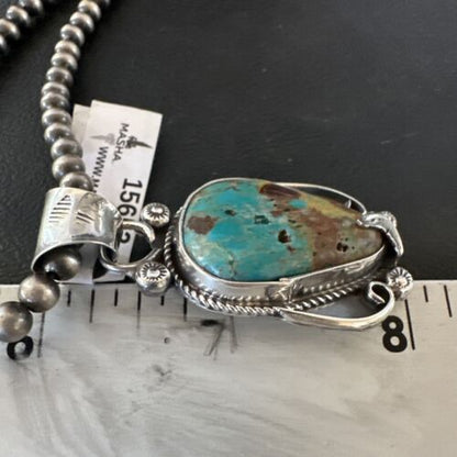 Navajo Blue Turquoise Pendant Necklace | Sterling Silver Pearls | Authentic Native American Handmade | 15653 - Masha USA