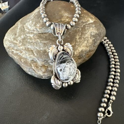 Navajo White Buffalo Turquoise Pendant Necklace | Sterling Silver | Authentic Native American Handmade | 17521