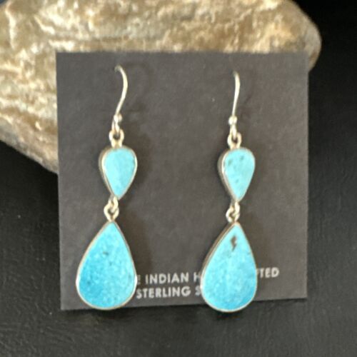 Navajo Blue Kingman Turquoise Dangle Earrings | Sterling Silver | Authentic Native American Handmade | 15110