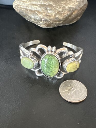 Navajo Green Turquoise Cuff Bracelet | Sterling Silver Tufa Cast | Authentic Native American Handmade | 16787