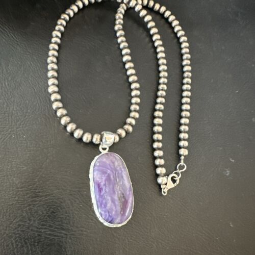 Navajo Purple Charoite Pendant with Pearls | Sterling Silver Necklace | Authentic Native American Handmade | 17313