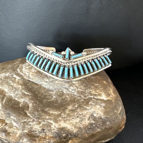 Native American Zuni Blue Turquoise Needle Point Cluster Cuff Bracelet | Sterling Silver | Handmade Southwestern Jewelry | 15068