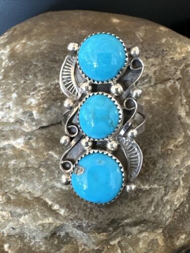 Navajo Blue Kingman Turquoise Cluster Ring | Authentic Native American Sterling Silver | Multi-Stone | Sz 7 | 16323