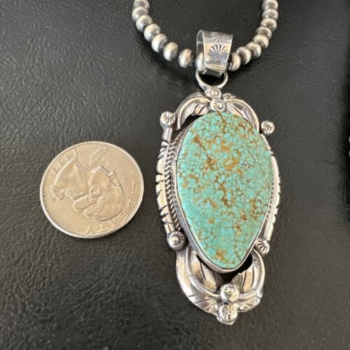 Navajo Blue Turquoise #8 Pendant | Sterling Silver Necklace with Pearls | Authentic Native American Handmade | 15898