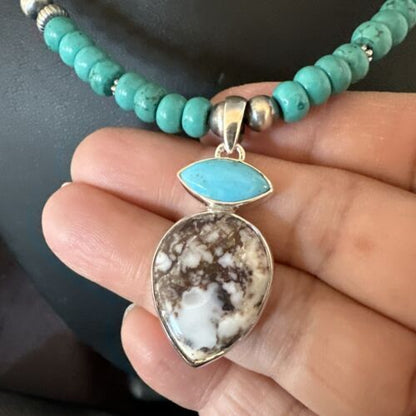 Wild Horse | Blue Kingman Turquoise Necklace Pendant | Sterling Silver | Multi-Stone | 17575