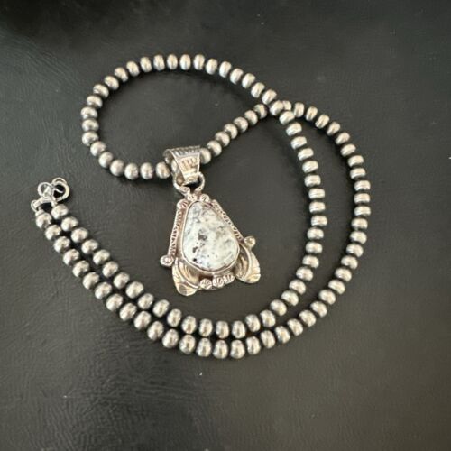 Men's White Buffalo Turquoise Pendant Necklace | Navajo Pearls | Sterling Silver | Native American Handmade | 17330