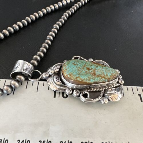 Navajo Blue Turquoise #8 Pendant | Sterling Silver Necklace with Pearls | Authentic Native American Handmade | 15901