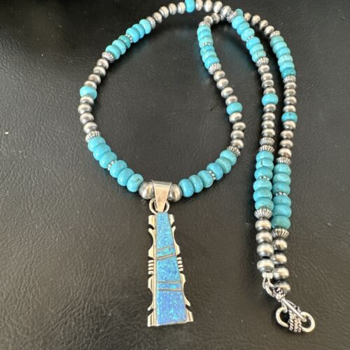 Navajo Men's Blue Turquoise Opal Pendant Necklace | Sterling Silver | 16039