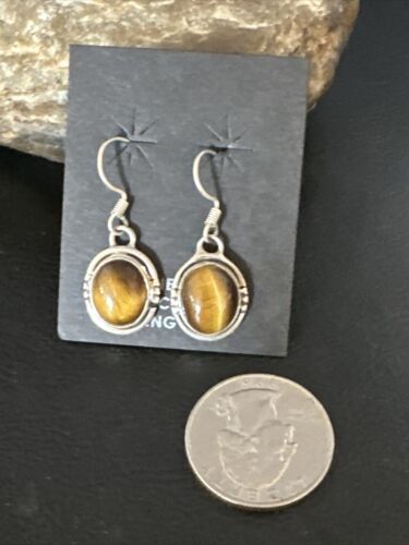 Navajo Coffee Tiger's Eye Dangle Earrings | Sterling Silver | Authentic Native American Handmade | 14920