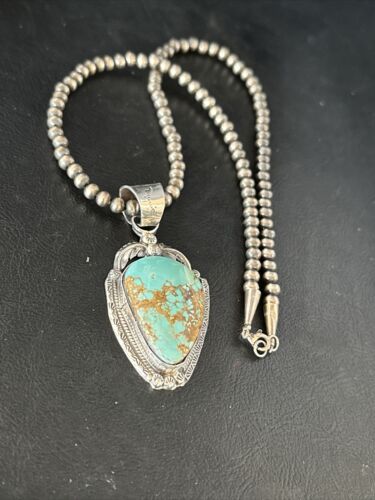 Navajo Pearls Sterling Silver Necklace with Blue Turquoise #8 Pendant | Authentic Native American Handmade | 14857