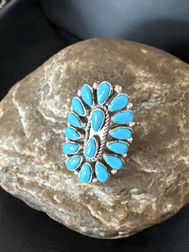 Navajo Blue Turquoise Cluster Ring | Authentic Native American Sterling Silver | Multi-Stone | Sz 8 | 14909