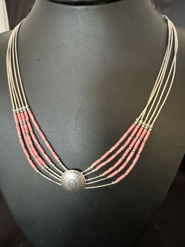 Navajo Concha Pink Conch Heishi 5-Strand Liquid Sterling Silver Necklace 20" | Southwestern Jewelry 15873