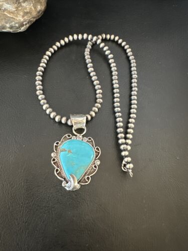 Navajo Blue Turquoise Pendant Necklace | Sterling Silver Pearls | Authentic Native American Handmade | 15638