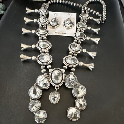 Navajo White Buffalo Turquoise Squash Blossom Necklace & Earrings | Sterling Silver | 16547