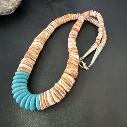 Navajo Sterling Silver Blue Turquoise & Spiny Oyster Graduated Necklace | Authentic Native American | 20" | 16903