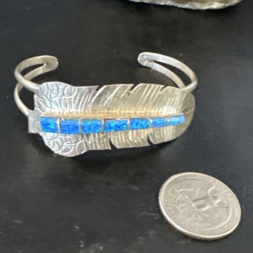 Navajo Sterling Silver Bracelet with Blue Fire Opal Inlay | 7" | Authentic Native American Handmade | 15070