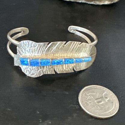 Navajo Sterling Silver Bracelet with Blue Fire Opal Inlay | 7" | Authentic Native American Handmade | 15070