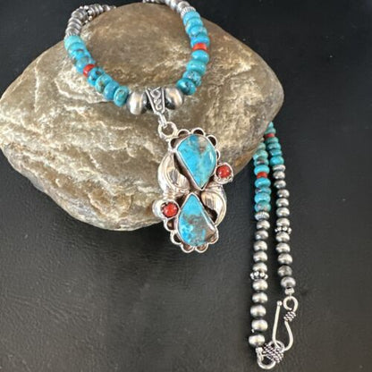 Navajo Blue Turquoise Coral Pendant Necklace | Sterling Silver | Multi-Stone | Authentic Native American Handmade | 15257