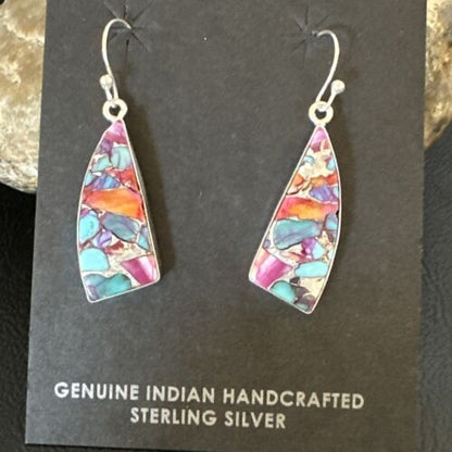 Navajo Blue Turquoise Red Spiny Oyster Inlay Dangle Earrings | Sterling Silver | 15575