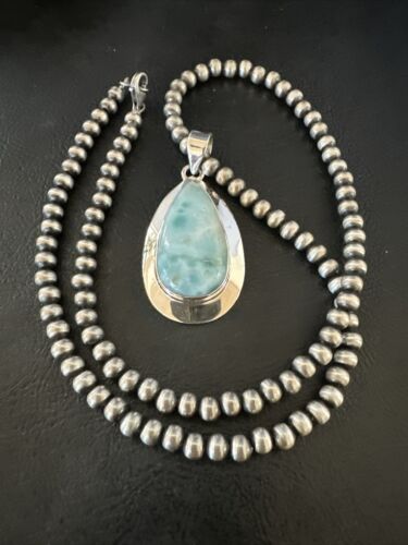 Navajo Blue Larimar Pendant Necklace | Sterling Silver Beads | Authentic Native American Handmade | 17567