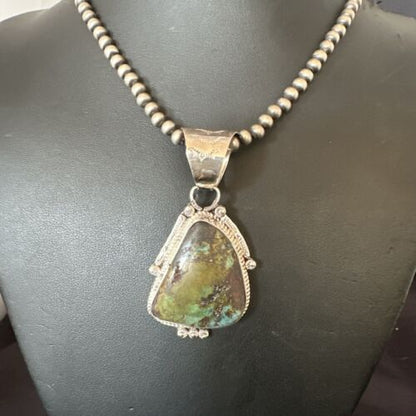 Men's Navajo Green Royston Turquoise Pendant Necklace | Sterling Silver | Authentic Native American Handmade | 17479
