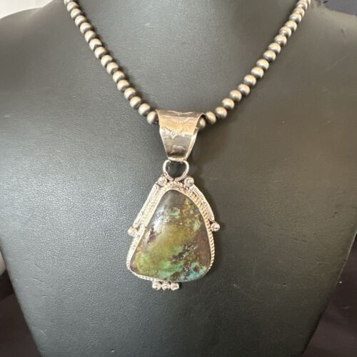 Men's Navajo Green Royston Turquoise Pendant Necklace | Sterling Silver | Authentic Native American Handmade | 17479
