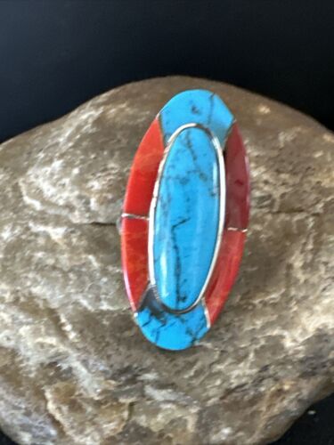 Native American Navajo Blue Turquoise Spiny Oyster Inlay Band Ring | Sz 9 | 16431