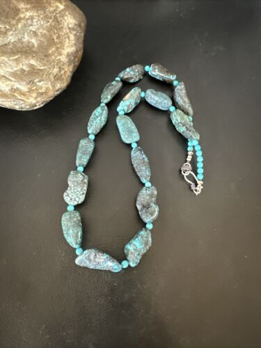 Navajo Blue Nugget Turquoise Bead Necklace | Sterling Silver Pearls | 20" | Authentic Native American Handmade | 16003